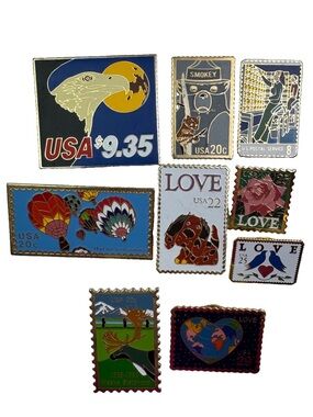 Lot Of 9 Vintage USPS Postage Stamp Label Pins Smokey Bear Love Balloons Postal